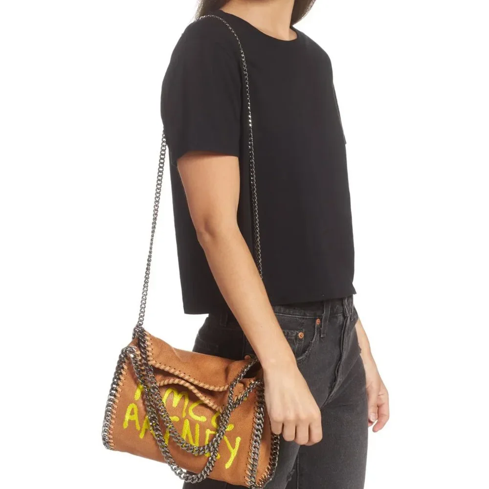 NWT: STELLA MCCARTNEY | Graffiti Yellow Embroidered Logo Falabella Brown 3 Mini - Picture 10 of 11
